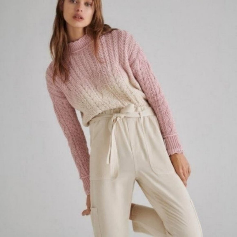 Anthropologie Pink to Cream Ombre Cable-Knit Crewneck Sweater